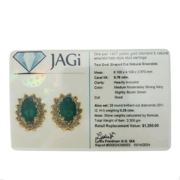 14 Karat Yellow Gold Emerald Diamond Halo Stud Earrings #19463 - Picture 9 of 9